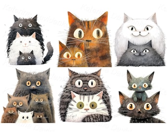 Watercolor PNG clipart set of cute cartoon cats. Funny kitten, pets clipart, digital download