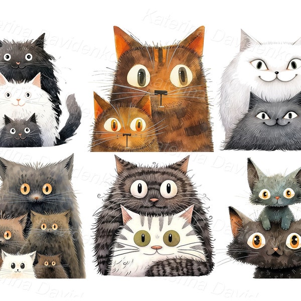 Watercolor PNG clipart set of cute cartoon cats. Funny kitten, pets clipart, digital download