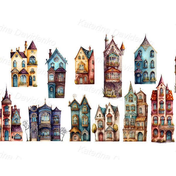 Watercolor painting set of cute cartoon townhouses isolated on white, vintage europian houses clipart image, instant download