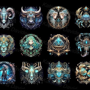Collection of astrological horoscope zodiac signs, isolated PNG clipart set. Virgo, Taurus, Scorpio, Sagittarius, Gemini, zodiac clipart set