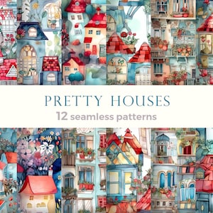 Watercolor seamless patterns with cute cartoon city houses, textile pattern, fabric design, digital download, scrapbook paper, for gift wrap