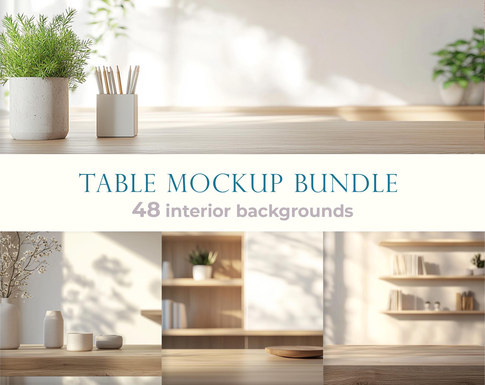Table background mockup bundle. Modern interior backgrounds. Tabletop mock up