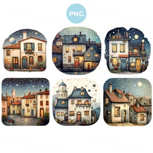 Set of cute cartoon old european houses clipart, old city street, night cityscapes, PNG illustrations for kids books, winter scenery