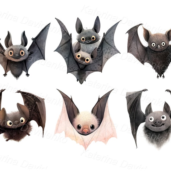 Watercolor PNG clipart set of cute cartoon flying bat. Funny bat clipart, digital download