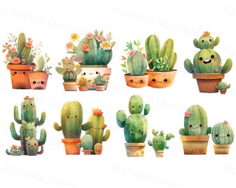 Collection of cute cartoon cactuses with funny faces. Cacti characters in pot. Watercolor illustration. Digital download