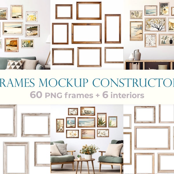 Frames mockup bundle, Transparent PNG files, Realistic wooden frames clipart set, blank photo frame, modern interiors in light tones