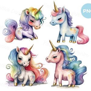 Set of cute cartoon rainbow unicorns. Watercolor fairy tale fantasy PNG clipart