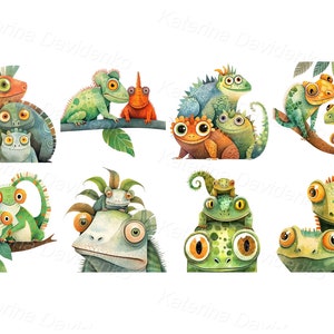 Funny cartoon chameleons PNG clipart, cute watercolor reptiles, cartoon lizards clipart, digital download