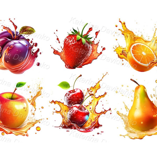 Fruit PNG clipart. Juice with splashes. Placard or banner with fruit juice. Digital download. Plum, strawberry, orange, apple, cherry, pear