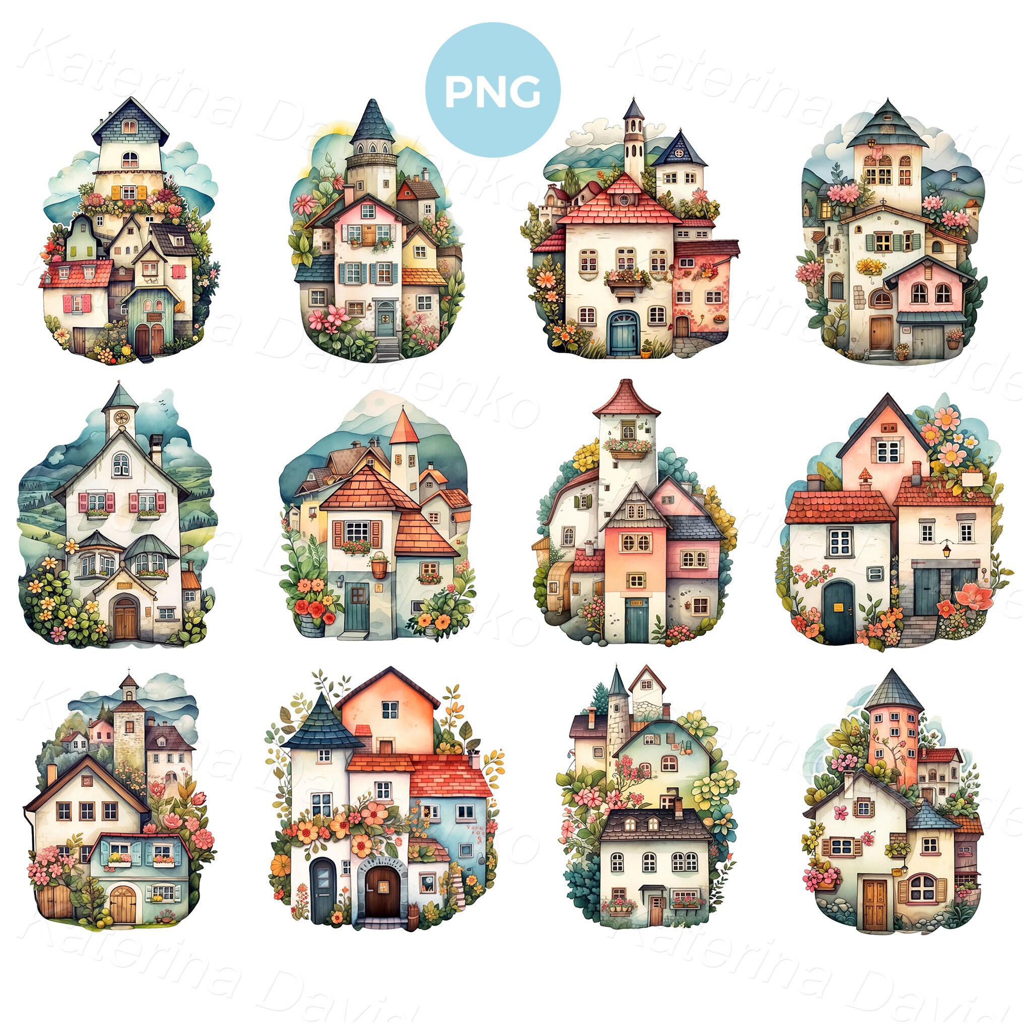 Watercolor House PNG Clipart Set, Cute Mediterranean Villas, Cartoon ...