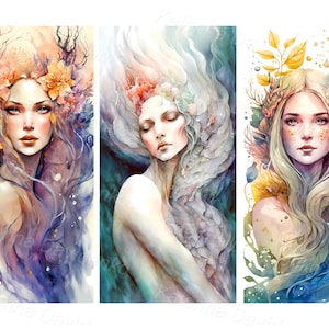 Watercolor mermaid vertical portraits for poster, Mermaid print, digital download, mermaid watercolor painting printable art wall