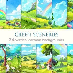Conjunto de paisajes verticales de dibujos animados Paisajes verdes Fondos naturales para libros infantiles Ilustración para libros de cuentos y diseños para niños