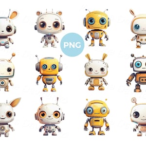 Set of cute cartoon robots PNG clipart, funny characters, bunny robot sticker, kawaii rabbit, chibi illustration, digital download