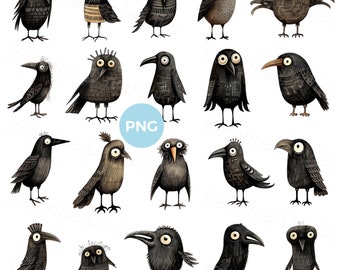 Set of cartoon black crow bird clipart, isolated PNG funny ravens pictures, digital download