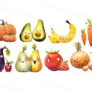 Colección de lindas frutas y verduras de dibujos animados con caras sonrientes divertidas. Clipart PNG aislado. Ilustración de acuarela para libro infantil