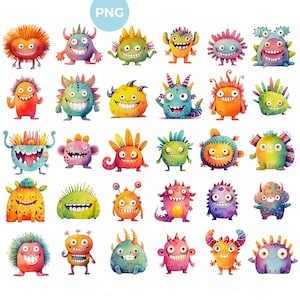 Set of colorful funny cartoon monsters clipart. Friendly fantasy creatures. Watercolor monster clip art