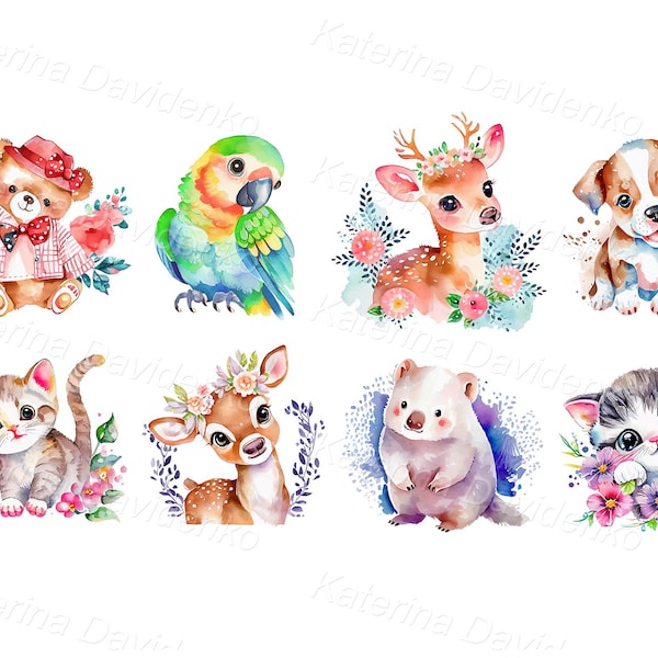 Children's drawing, colorful watercolor set of cute cartoon animals and pets png clipart, parrot, deer, cat, dog, bear, instant download
