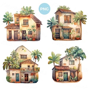 Tropical houses PNG clipart, watercolor colorful cartoon homes, african houses clipart, commercial use, digital download