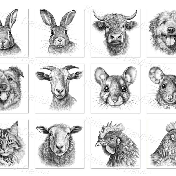 Collection of graphic portraits of pets and farm animals for t-shirt design, digital download, printable face animals clipart