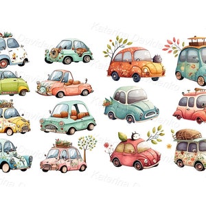 Colección de imágenes prediseñadas de coches de dibujos animados divertidos. Dibujos infantiles. Imágenes prediseñadas de vehículos coloridos. Ilustración de acuarela para descarga digital.
