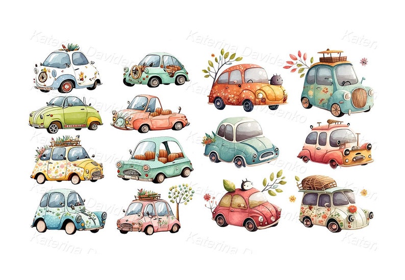 Whimsical cartoon cars clip art collection. Children's drawing. Colorful vehicle clipart. Digital download watercolor illustration. image 1