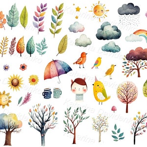 Frühling Herbst Wetter Clipart-Set. Handgezeichnete Aquarellillustration von Bäumen, Wolken, Regenbögen, Vögeln, Blumen, Blättern und anderen Elementen.