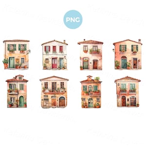 Watercolor set of cute houses clipart, Tuscany Italy old homes PNG, vintage european city buildings, front view