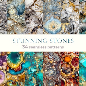 Collection of seamless pattern with detailed realistic decorative nature minerals slabs, gemstone geode, Scrapbook paper, repetition texture