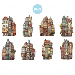 Set of cute cartoon houses clipart, transparent PNG illustrations for children books. City buildings clipart, facades, front view houses.