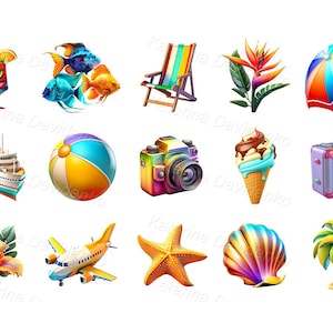 Cartoon icon clipart set, seaside vacation, summer season illustration, different isolated object, beach recreation, png jpg digital image