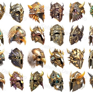 Ancients warrior&#39;s helmet icons set for computer games, spartan helmets clipart illustration, digital download png