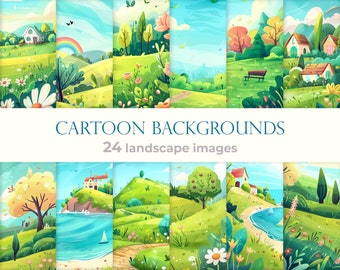 Set of cartoon background for product previews. Cartoon landscapes for kids designs, scenery for children&#39;s books, storybook. Nature scenery