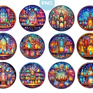 Collection of magic potions, fantasy colorful clipart, printable round fantasy stickers, scrapbook, instant download
