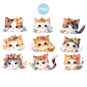 Set of cute kittens clipart, kitty with flowers pictures, watercolor cartoon cats stickers PNG