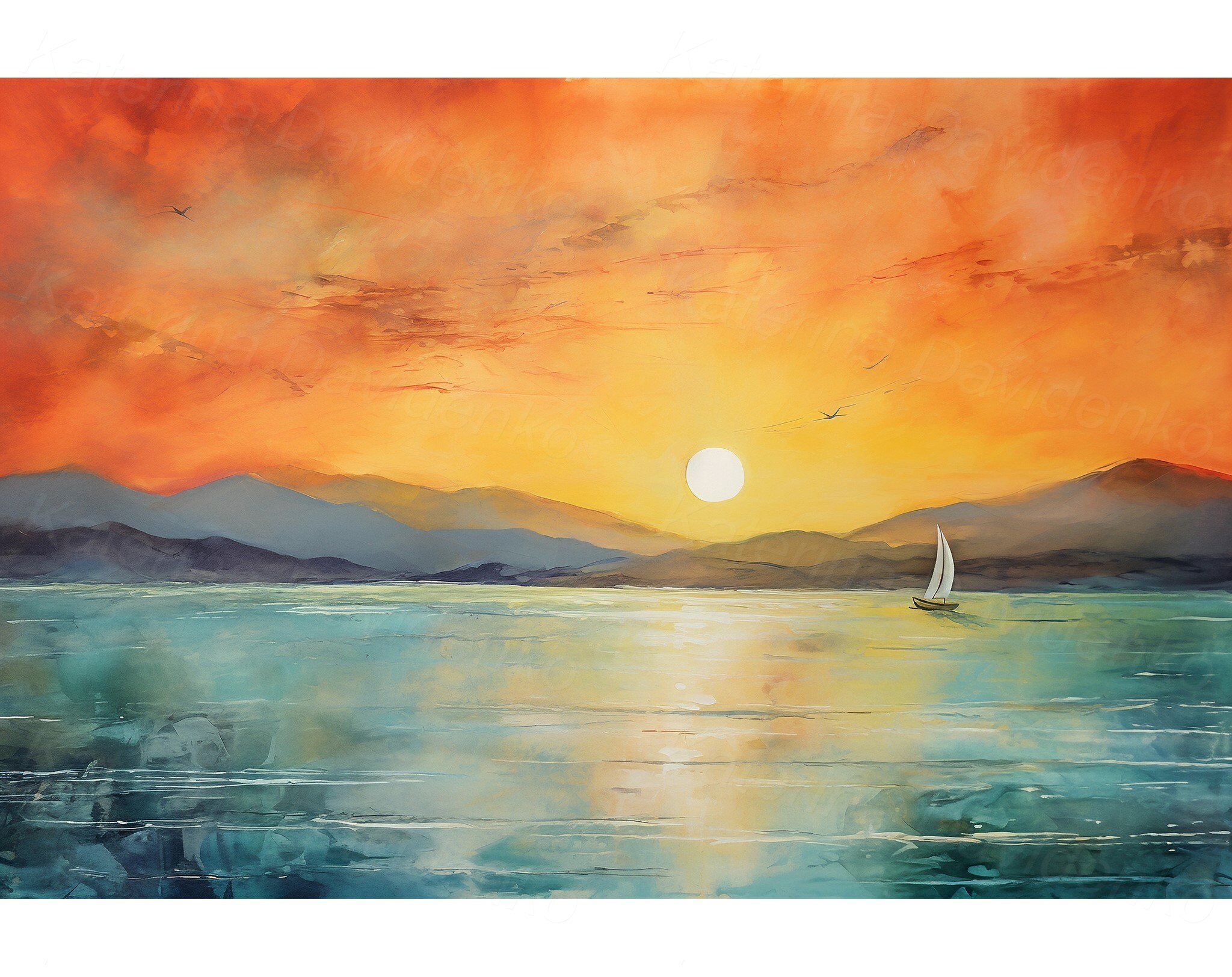 Printable Seascape Painting. Digital Download Watercolor Wall Art ...
