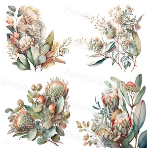 Watercolor painting set with succulent flowers. PNG clipart set. Digital download