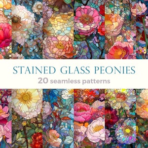 Collection of seamless patterns with stained glass peonies flowers. Repetition backgrounds set of floral mosaic