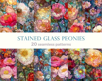 Collection of seamless patterns with stained glass peonies flowers. Repetition backgrounds set of floral mosaic
