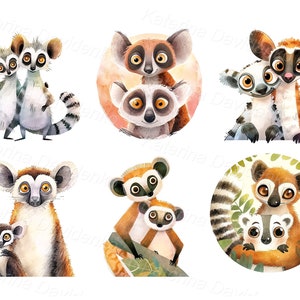 Collection of funny cartoon lemurs, watercolor PNG clipart, lemur sticker set, digital download