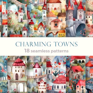 Watercolor seamless patterns with fantasy towns with houses, scrapbook paper, repetition backgrounds for textile fabric, texture design