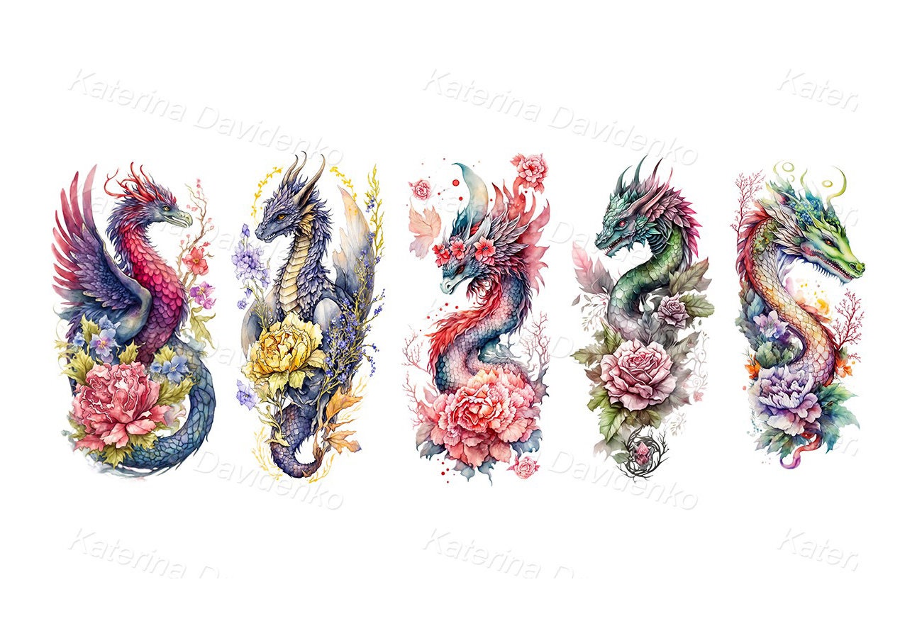 Cartoon Clipart Set of Watercolor Dragons and Flowers. Oriental Style ...