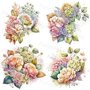 Set of watercolor painting with flowers bouquets - hydrangea, lilac, rose, hortensia. Isolated png image clipart. Digital download.