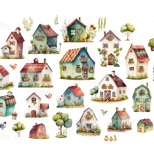 Cute cartoon farm houses collection, village clipart, rural buildings, design elements, watercolor digital illustration, instant download