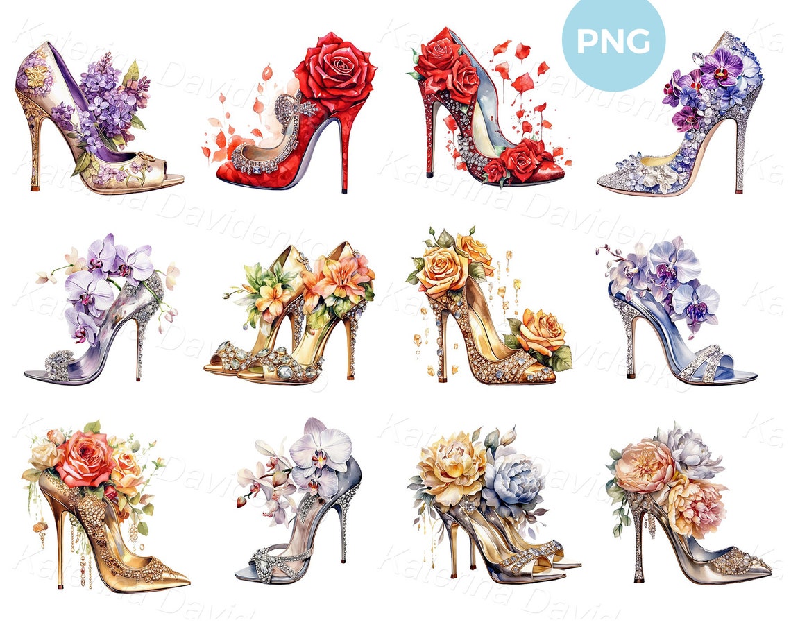 Collection of High Heel Shoes With Flowers. Watercolor Women Shoes PNG ...