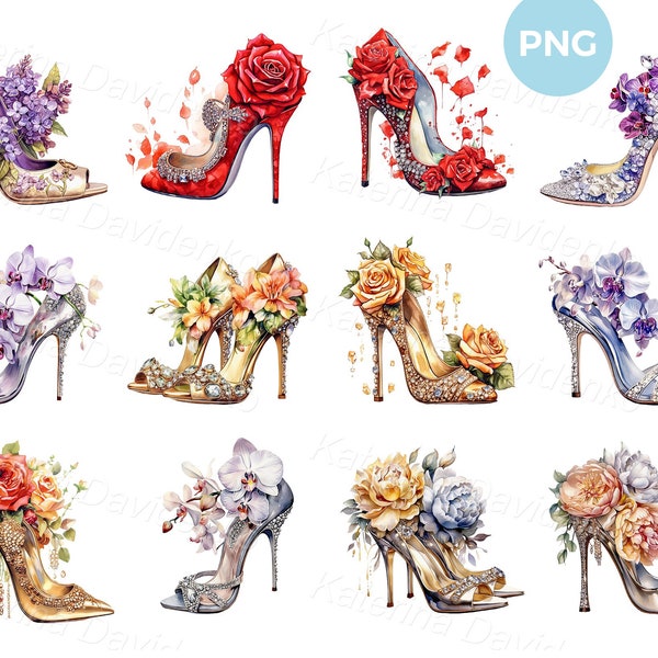 Collection of high heel shoes with flowers. Watercolor women shoes PNG clipart wedding heels