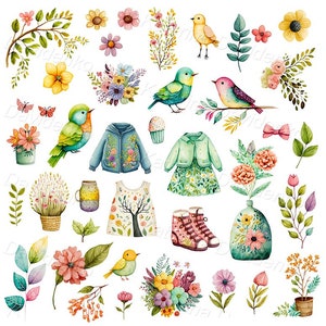 Watercolor spring clipart collection isolated on white background. Flowers, birds, clothes season weather illustration set, spring summer