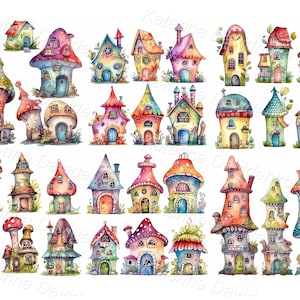 Fantasy clipart set of cute cartoon fairy houses. Watercolor elven houses Fairytale village Digital download transparent separated PNG files