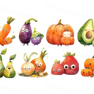 Cute cartoon vegetables and fruits clipart set. Isolated PNG clipart. Watercolor illustration