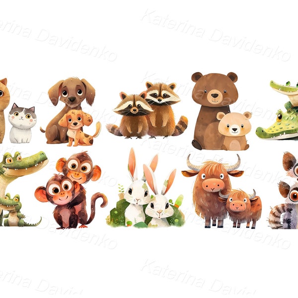 Collection of cute cartoon animals PNG clipart. Funny pets, wild and farm animals. Watercolor illustration for children's book