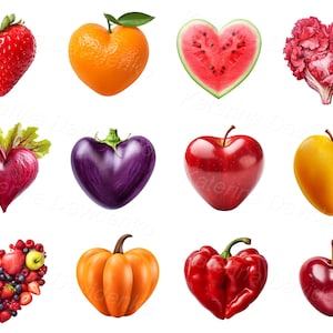 Clipart set of various realistic fruits and vegetables in the form of hearts, fruits PNG clipart set, vegetables clipart, digital download